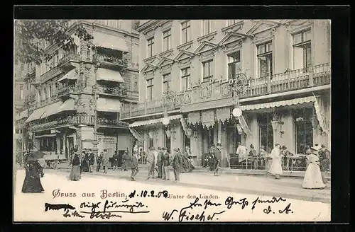 AK Berlin, Strasse Unter den Linden mit Cafe Bauer