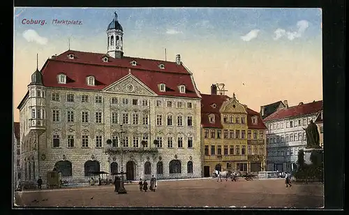 AK Coburg, Marktplatz mit Geschäften und Brunnen