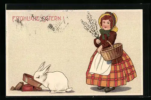 AK Osterhase mit Napf, Dame mit Palmkätzchenzweigen