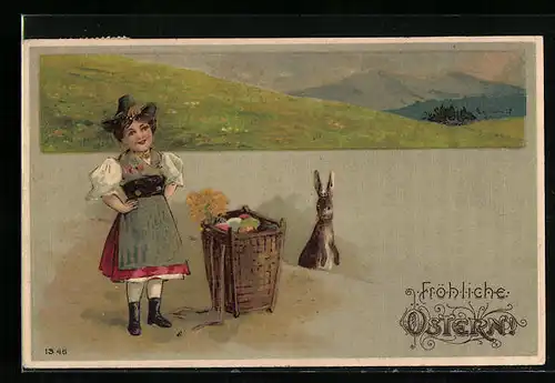 AK Dame in Tracht neben Osterhasen