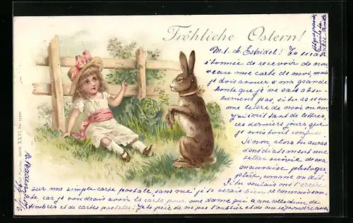 AK Mädchen mit Osterhasen, Fröhliche Ostern