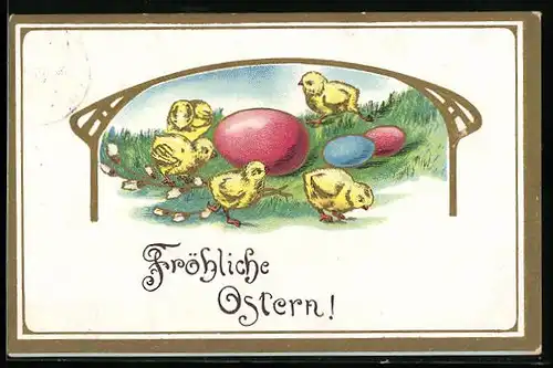 AK Fröhliche Ostern, Osterküken mit Ostereiern