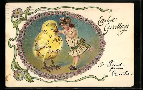 AK Osterküken und Mädchen, Easter Greetings