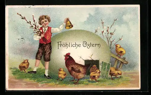 AK Osterküken und Huhn mit Osterei-Haus