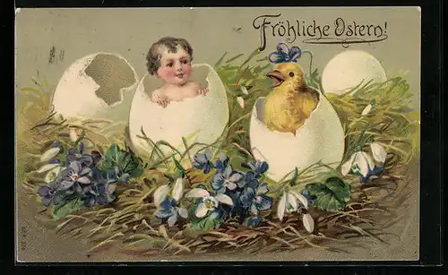 AK Fröhliche Ostern, Kind und Küken schlüpfen aus Eiern
