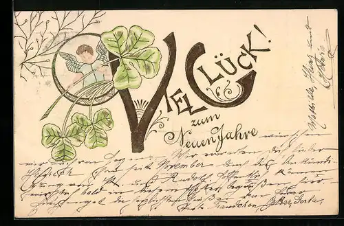 AK Neujahrsengel mit Kleeblättern