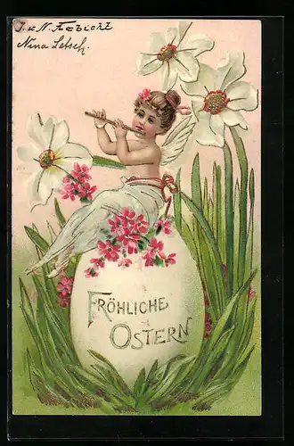 AK Osterengel sitzt auf einem Osterei und spielt auf der Querflöte, Fröhliche Ostern!