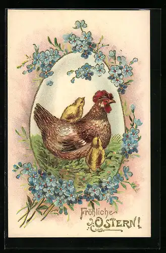 AK Osterküken mit Huhn und Vergissmeinnicht
