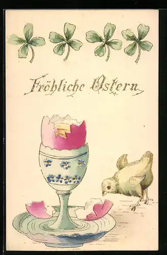 AK Fröhliche Ostern, Osterküken und Kleeblätter