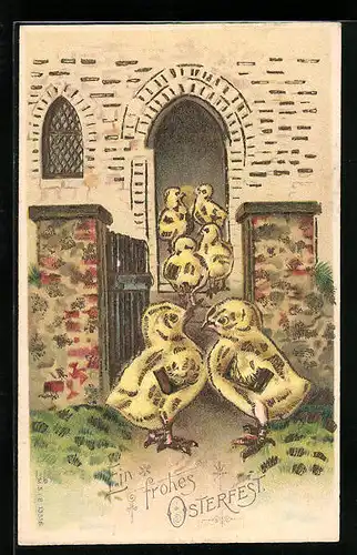 AK Osterküken gehen zur Schule, Ein frohes Osterfest