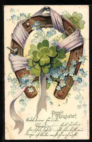 AK Prosit Neujahr, Hufeisen mit Kleeblättern