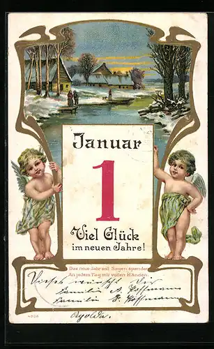 Lithographie Viel Glück im neuen Jahre!, Neujahrsengel mit Kalender und Winteridyll