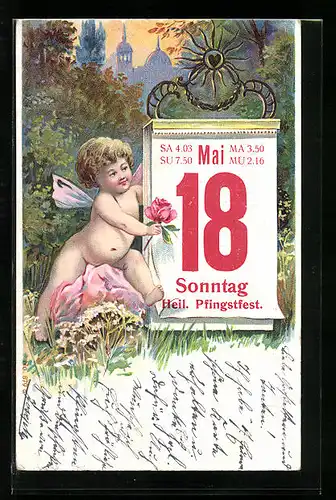 AK Engel mit Blume neben Kalender sitzend, Pfingstgruss