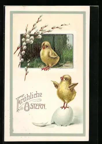 AK Osterküken steht auf einem Osterei