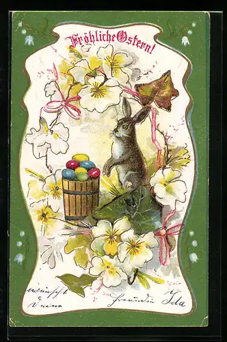AK Osterhase mit Blüten, Fröhliche Ostern