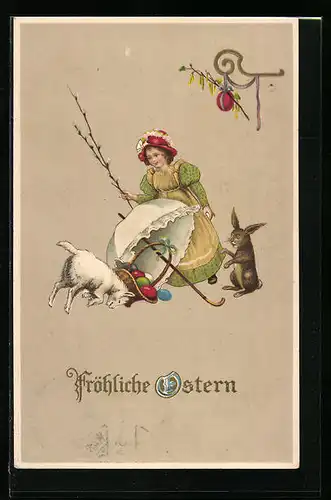 AK Mädchen, freche Ziege und Osterhase