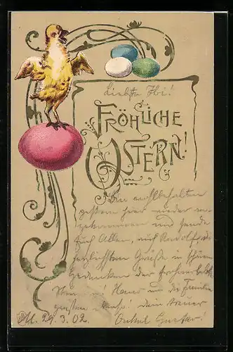 AK Osterküken mit Ostereiern, Fröhliche Ostern