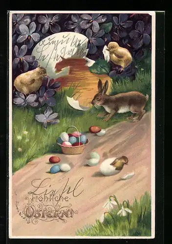 AK Osterhase mit Osterküken und Veilchen