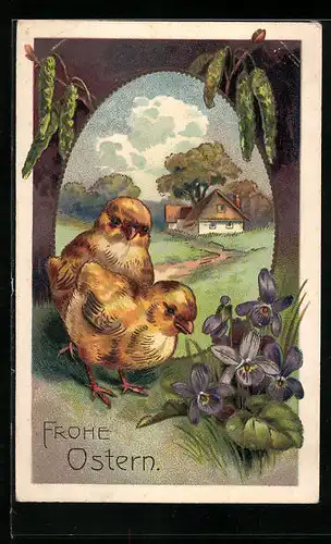 AK Osterküken in idyllischer Landschaft mit Veilchen