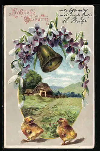 AK Osterküken mit Glocke und Blüten