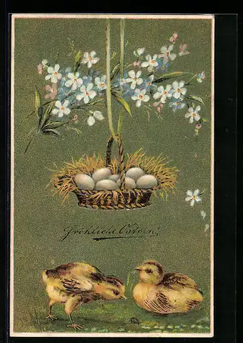 AK Osterküken mit Blumen und Korb voller Ostereiern
