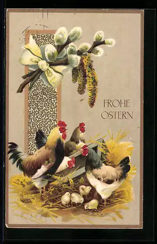 AK Frohe Ostern, Hühner und Osterküken am Futtertrog im Stroh