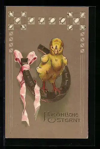 AK Osterküken auf einem Hufeisen, Fröhliche Ostern