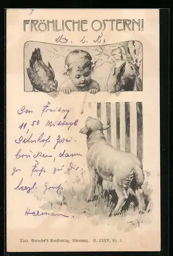 Künstler-AK Theo Zasche: Ostergruss mit Lamm, Huhn und Hase