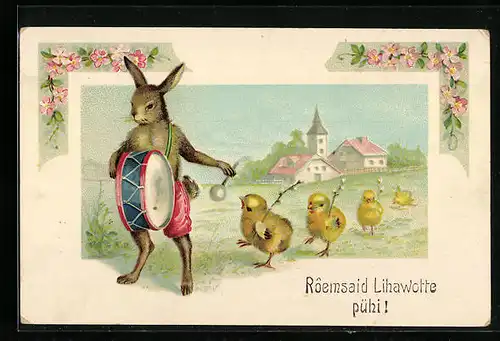 AK Osterhase mit Trommel, Osterküken laufen im Marsch