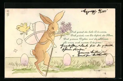 AK Osterhase mit Küken, das aus einem Ei schlüpft