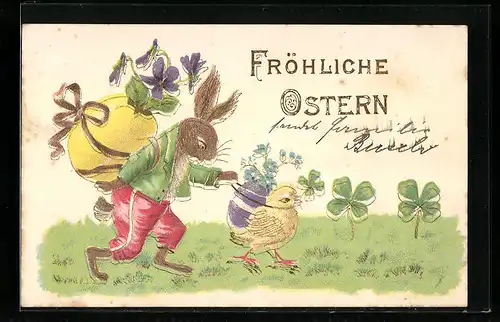 AK Osterhase und Osterküken transportieren Blumen in Eiern