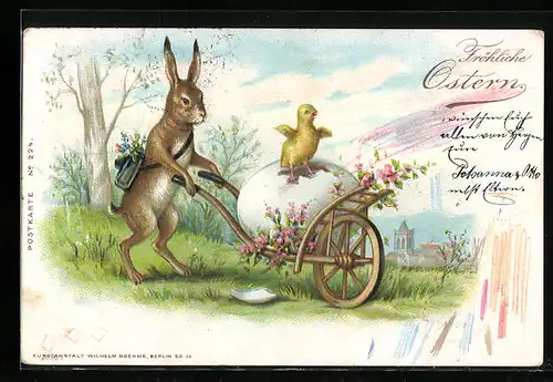 AK Osterhase schiebt Karre mit Osterei und Küken