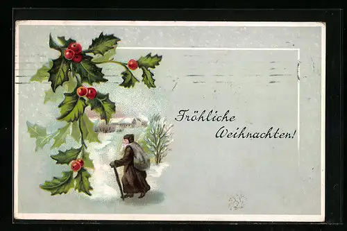 AK Weihnachtsmann in Winterlandschaft, Stechpalmenzweige