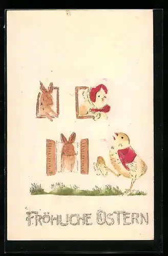 Relief-AK Osterhasen im Ostereier-Haus