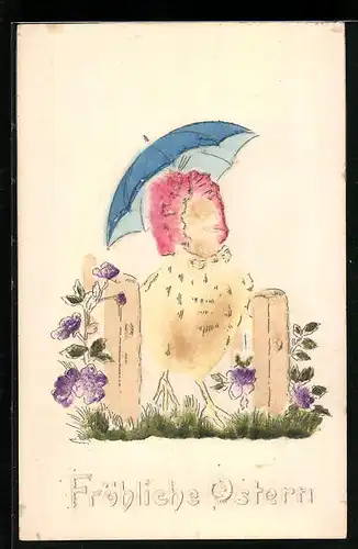 Relief-AK Osterküken mit Schirm