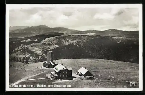 AK Feldberg /Schwarzwald, Feldbergturm mit Belchen, Fliegeraufnahme