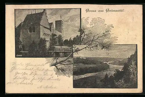 AK Grünwald, Burg, Isar-Panorama