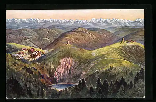 Künstler-AK Feldberg i. Schw., Ortsansicht mit Bergsee aus der Vogelschau