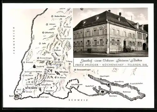 AK Steinen /Baden, Gasthof zum Ochsen, Landkarte südwest. Baden