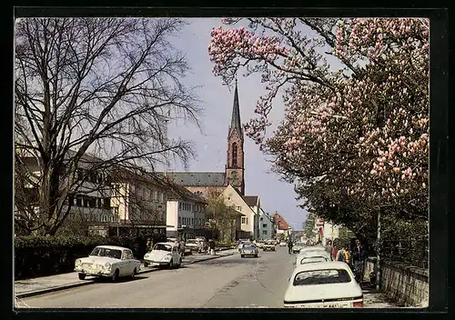 AK Müllheim /Baden, Strassenpartie mit Kirchturm, VW Käfer