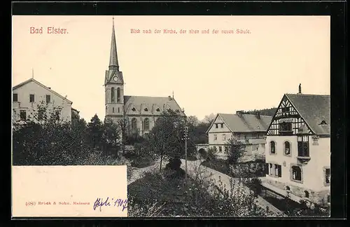 AK Bad Elster, Ortspartie mit Kirche, neuer und alter Schule