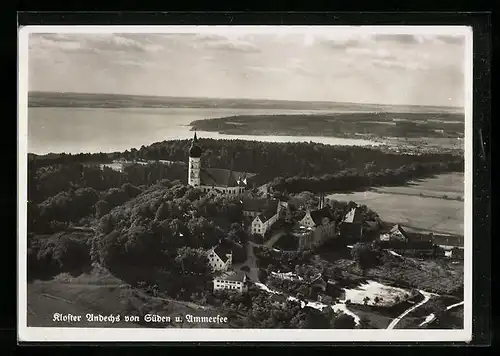 AK Andechs, Kloster Andechs und Ammersee von Süden, Fliegeraufnahme