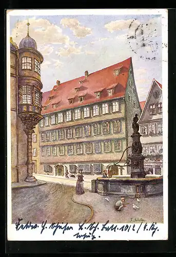 Künstler-AK Coburg, Staatliche Bauschule mit Schlosserker und Stadtbrunnen