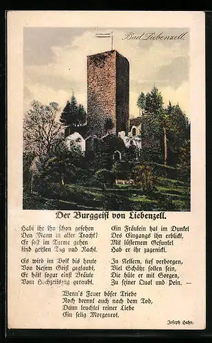 AK Bad Liebenzell, Ortspartie mit Turm, Gedicht Burggeist