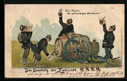 Lithographie Das Geschütz der Zukunft Soldaten der Artillerie mit Bierfass, Zukunft