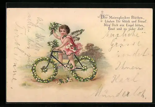 Lithographie Pfingstgruss, Engel auf einem mit Maiglöckchen geschmückten Fahrrad