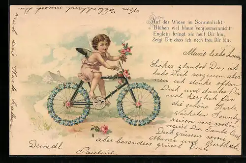AK Engel auf einem Fahrrad mit Blumen