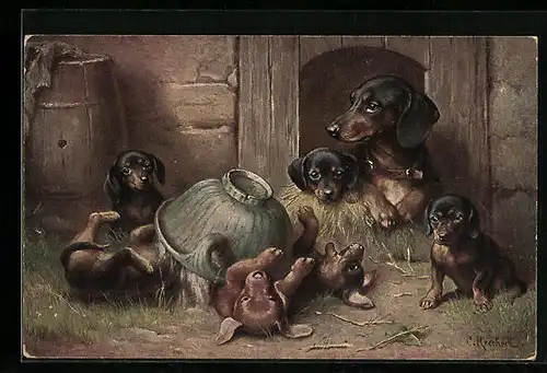 Künstler-AK Carl Reichert: Dackel und Welpen spielen mit einer Schüssel