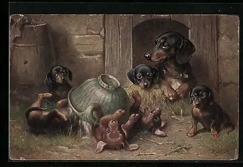 Künstler-AK Carl Reichert: Dackel und Welpen spielen mit einer Schüssel
