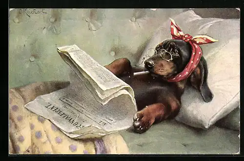 Künstler-AK Carl Reichert: Alter Dackel mit Zwicker und Zigarette in der Zeitung lesend